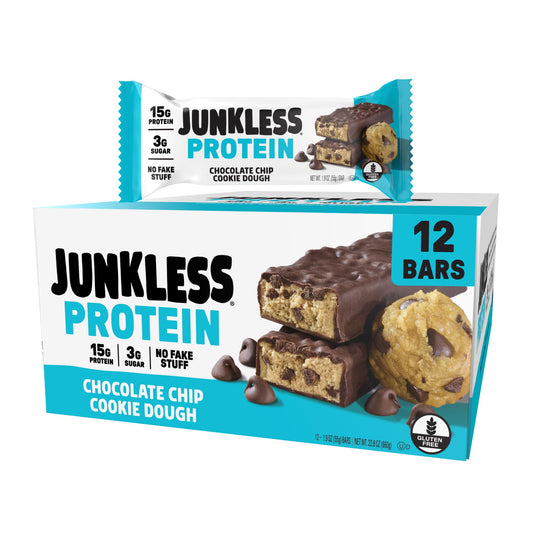 Junkless protein bar packaging showing gluten-free claim for on-the-go snacking.