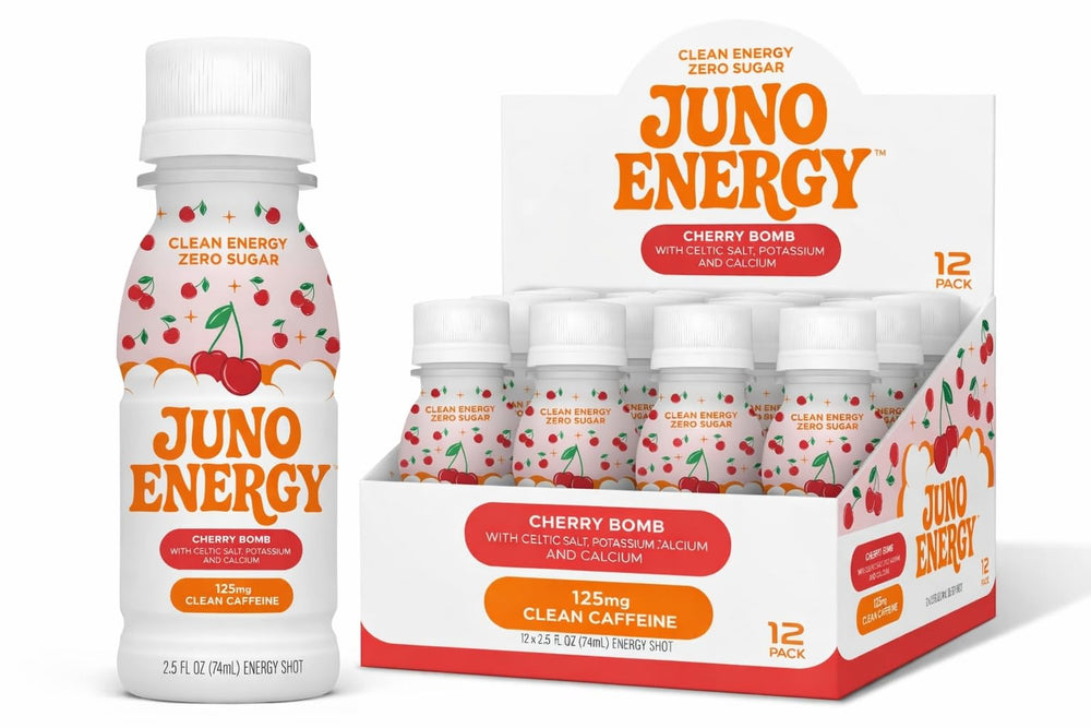JUNO Energy Shot Cherry Bomb bottle front view, compact energy for busy mornings