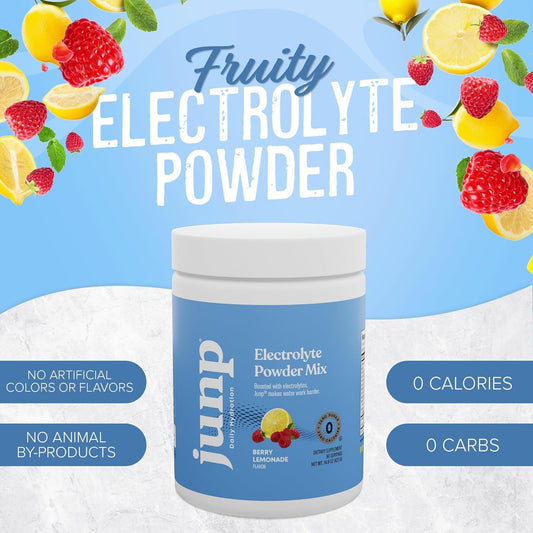 JUNP Berry Lemonade mix dissolves easily for quick pre-workout hydration.