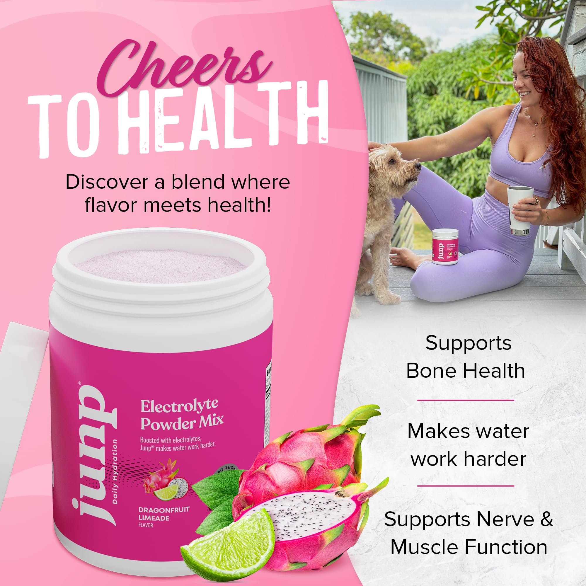 JUNP Dragonfruit Limeade packaging highlights zero sugar and keto-friendly hydration.