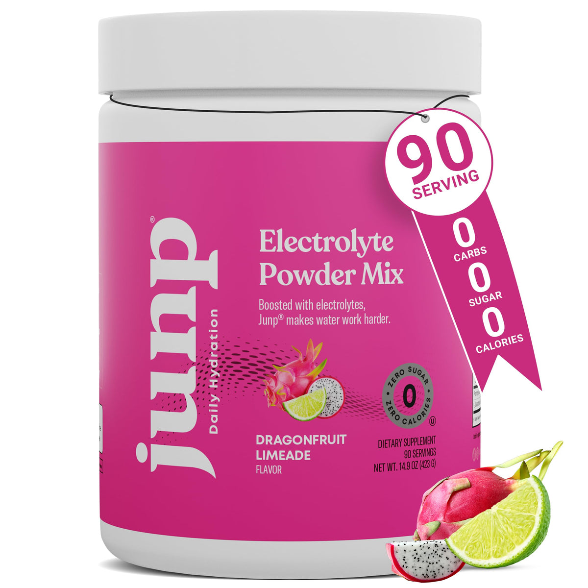 JUNP Dragonfruit Limeade electrolyte powder jar boosts hydration with a refreshing tropical flavor.