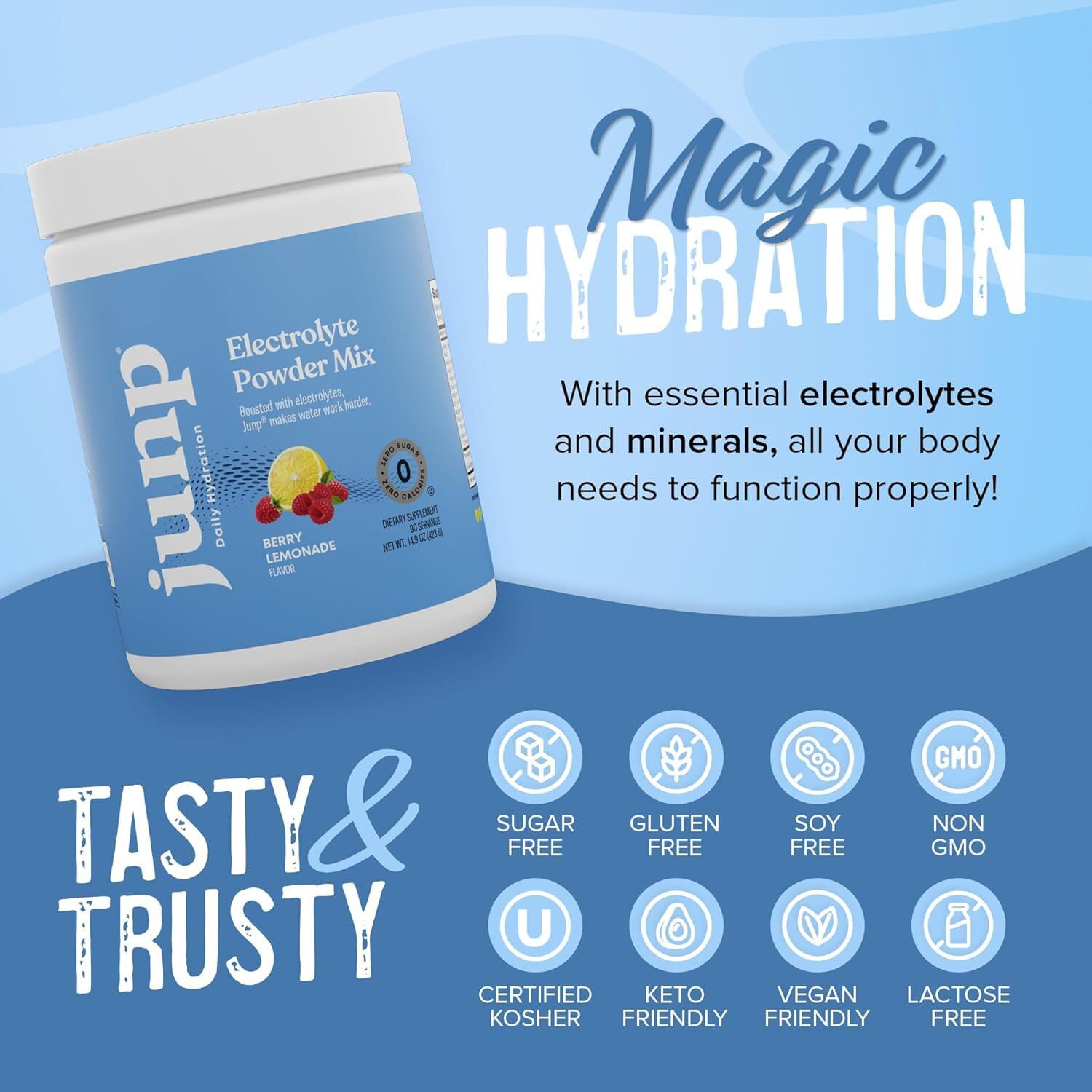 Kitchen display showing JUNP berry lemonade electrolyte powder for daily hydration