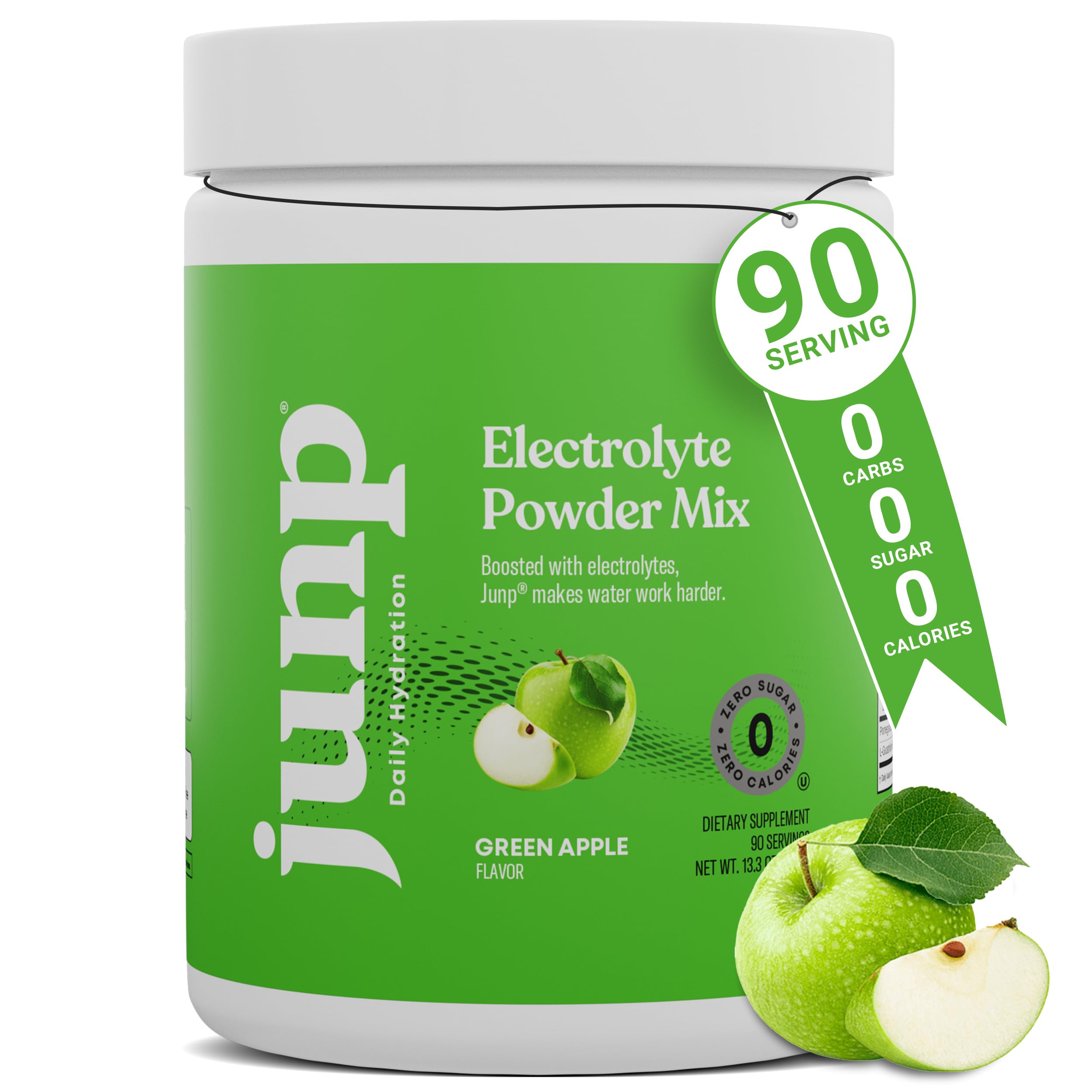 JUNP Electrolytes Green Apple powder tub for zero sugar hydration.