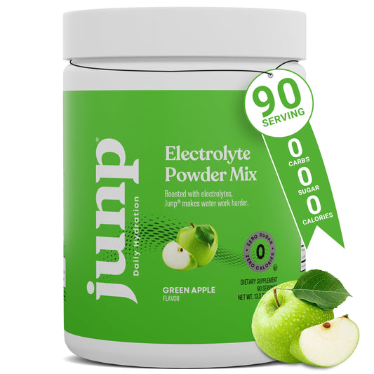 JUNP Electrolytes Green Apple powder tub for zero sugar hydration.