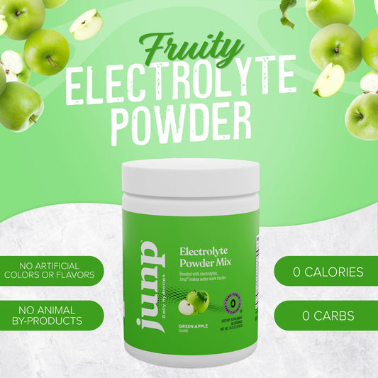 JUNP Electrolytes green apple water glass shows refreshing keto hydration.