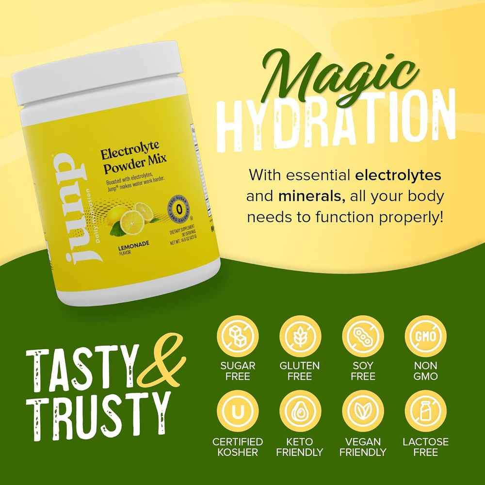 JUNP Electrolytes Lemonade packaging tub: store-ready hydration powder.