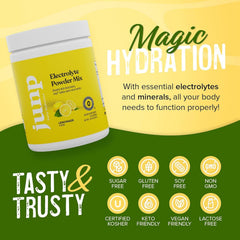 JUNP Lemonade electrolyte nutrition panel emphasizing Sodium, Potassium, Magnesium
