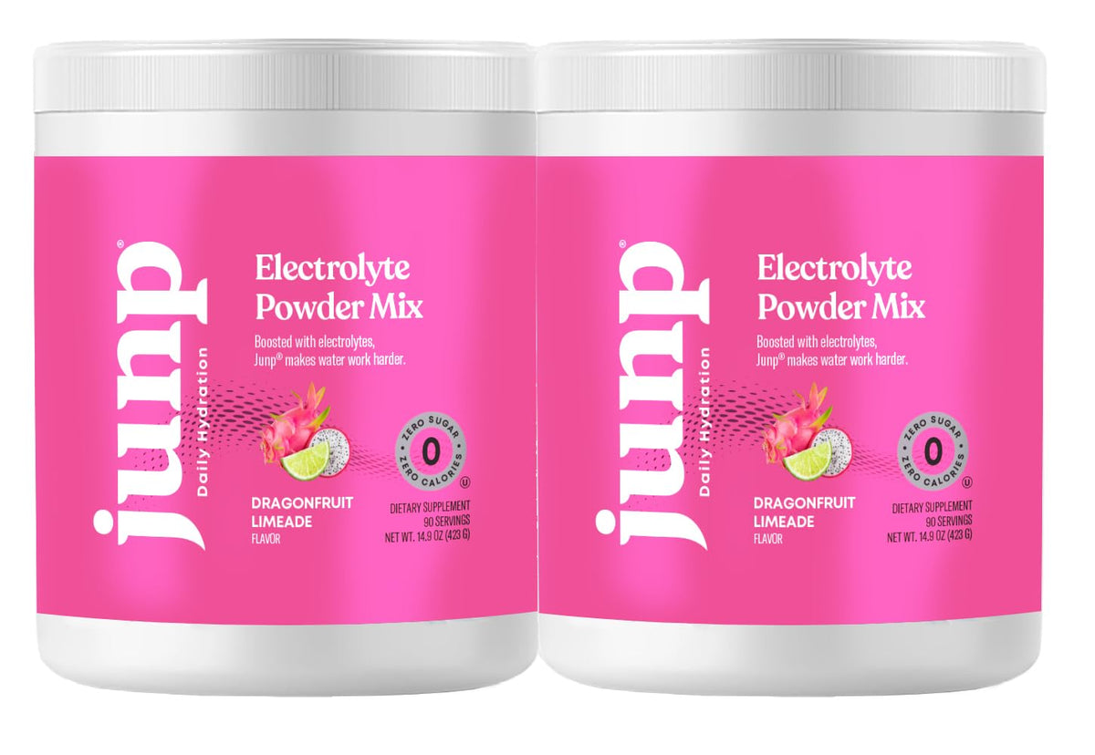 JUNP Exotic Dragonfruit Limeade powder in a tub, ideal for quick hydration.