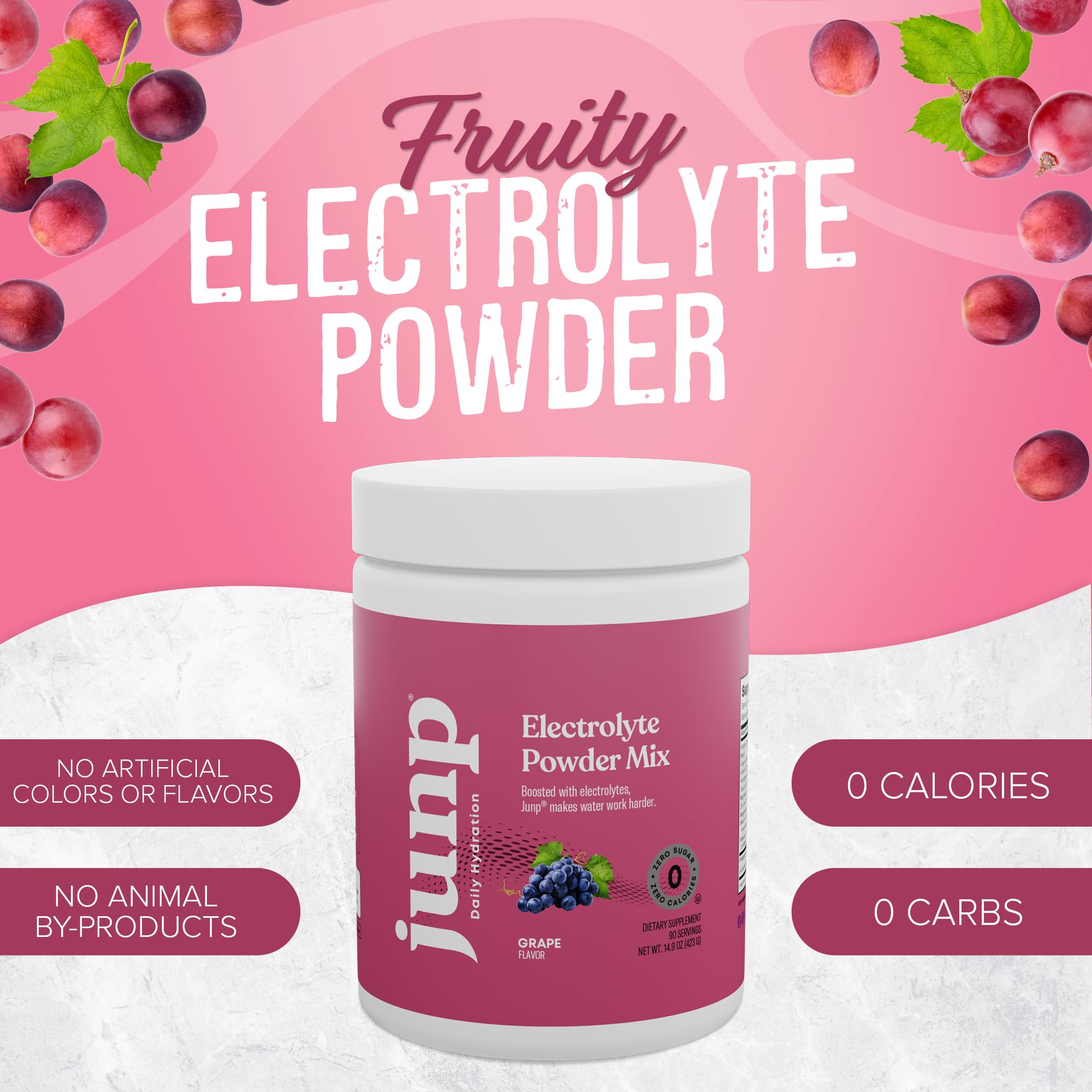 JUNP grape powder dissolves easily in water for quick on-the-go hydration.