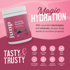 JUNP grape electrolyte powder in a bottle for keto-friendly hydration on the go.