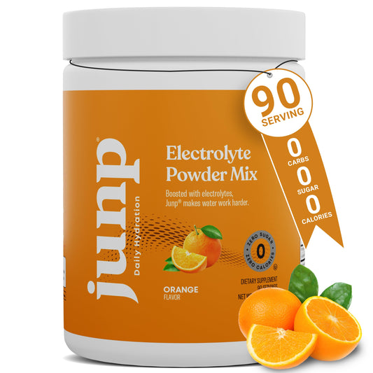 JUNP orange electrolyte powder bottle for on-the-go hydration without sugar