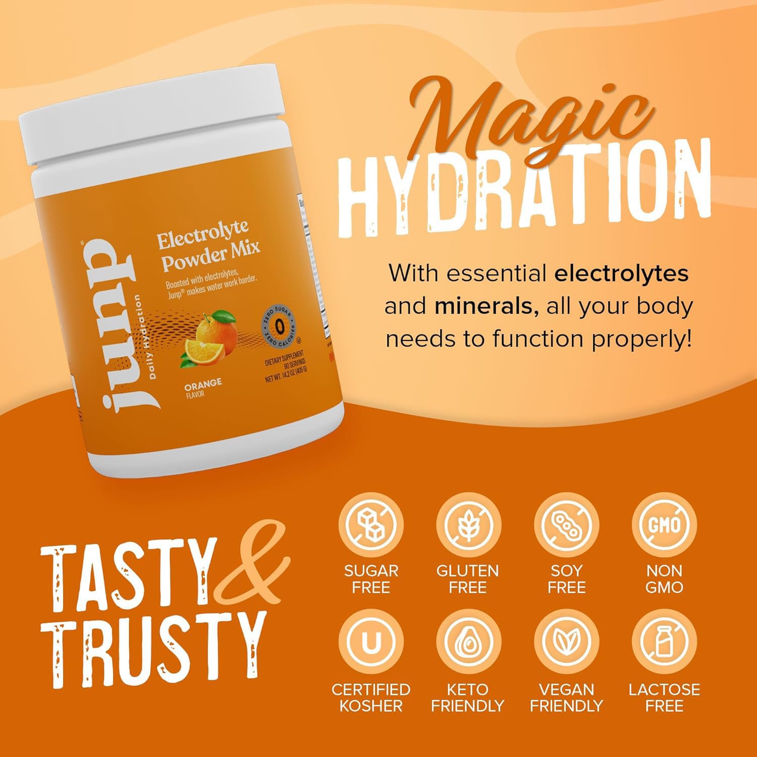 JUNP orange electrolyte powder pour demonstrates fast dissolution in water