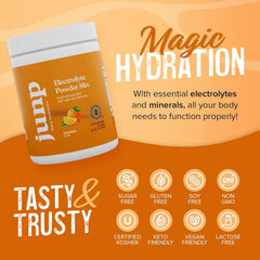 JUNP orange electrolyte powder pour demonstrates fast dissolution in water