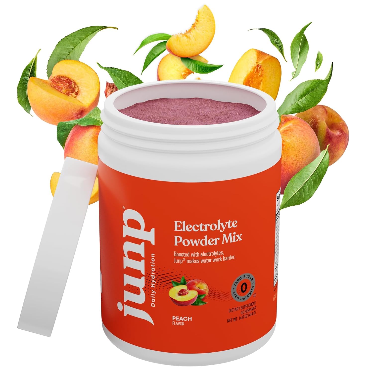 Scoop pouring JUNP peach powder into a glass for refreshing hydration.