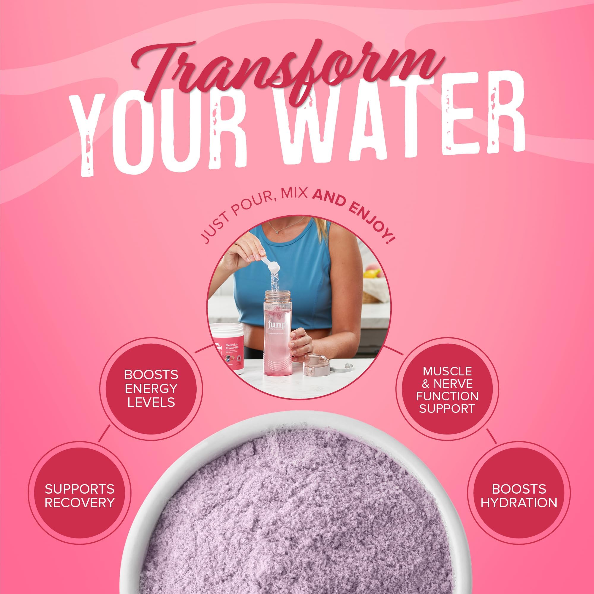 JUNP Electrolytes workout bottle suggests pre- and post-workout hydration support.