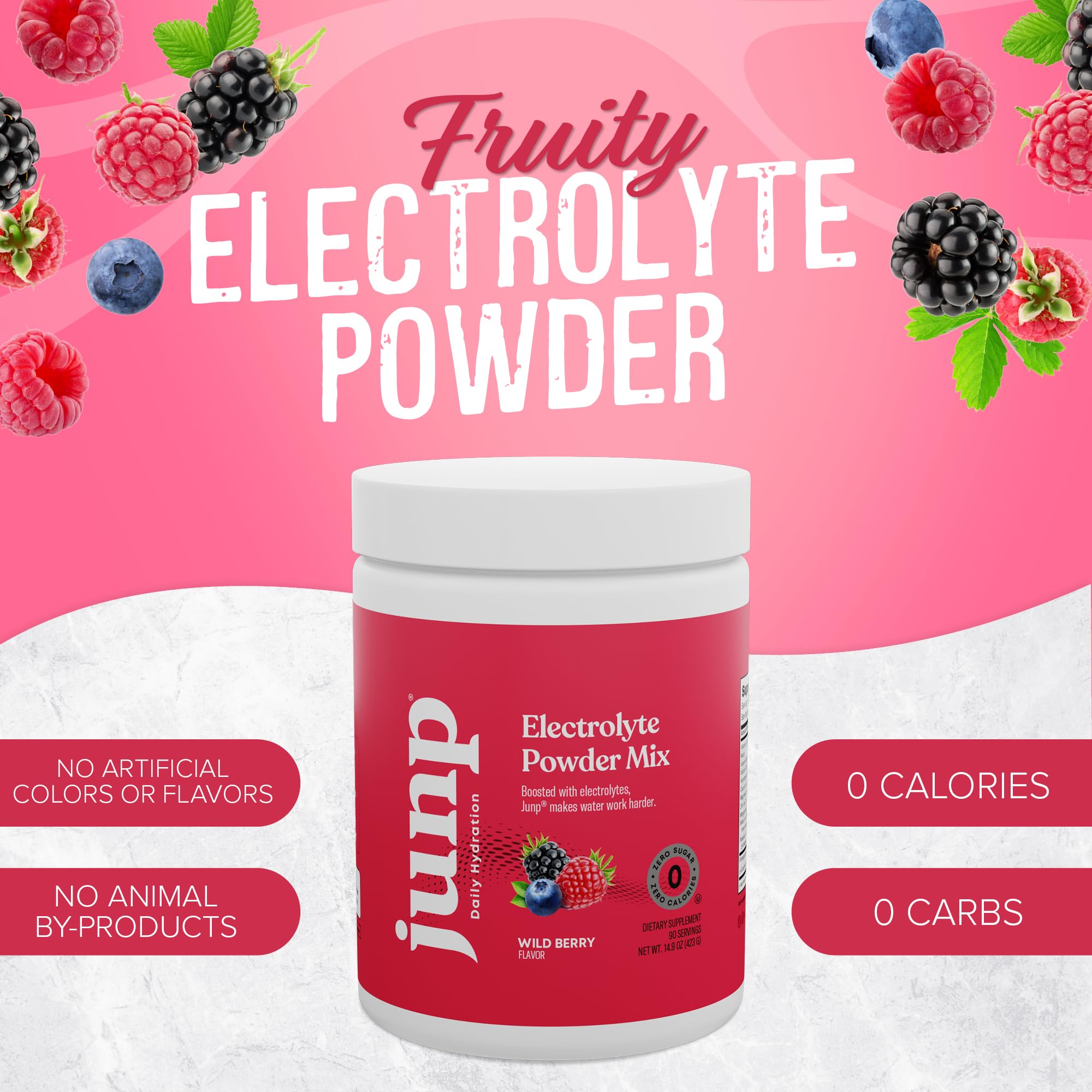 JUNP Wild Berry powder with a scoop for flavorful, keto-friendly hydration.