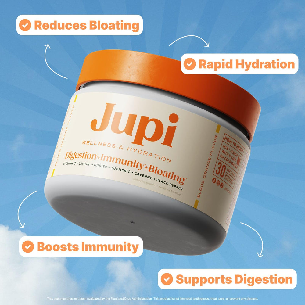 Jupi Hydration & Wellness glass with citrus-flavored mix for quick hydration and energy.