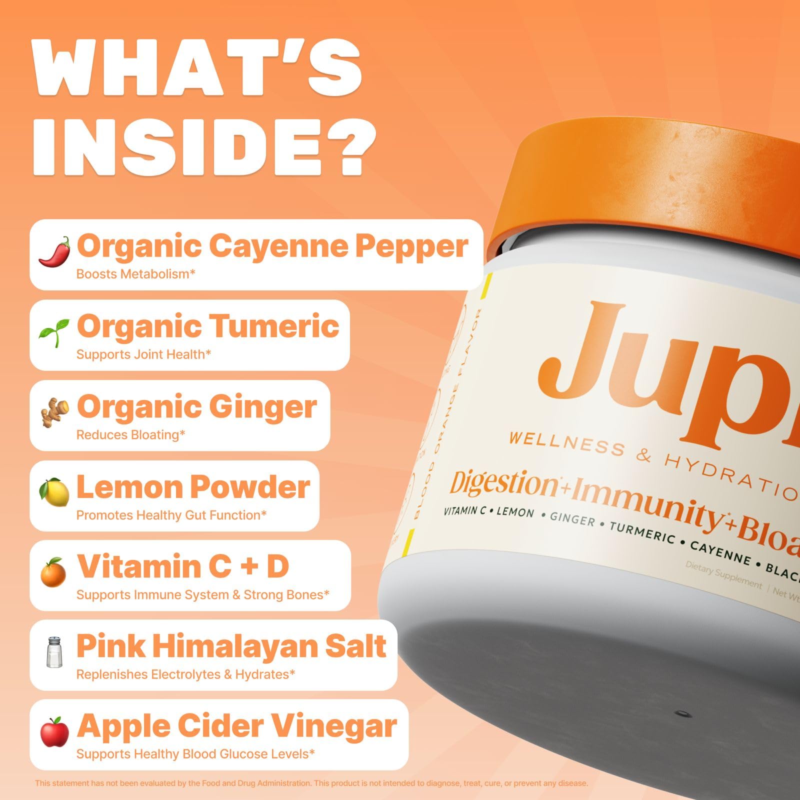 Jupi Hydration & Wellness scoop and tub highlighting turmeric-ginger formula for a clean plant-based boost.