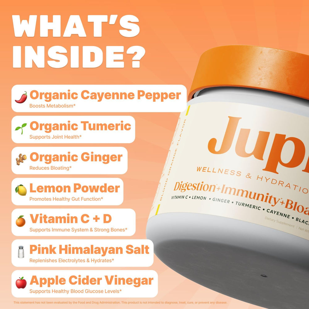 Jupi Hydration & Wellness scoop and tub highlighting turmeric-ginger formula for a clean plant-based boost.