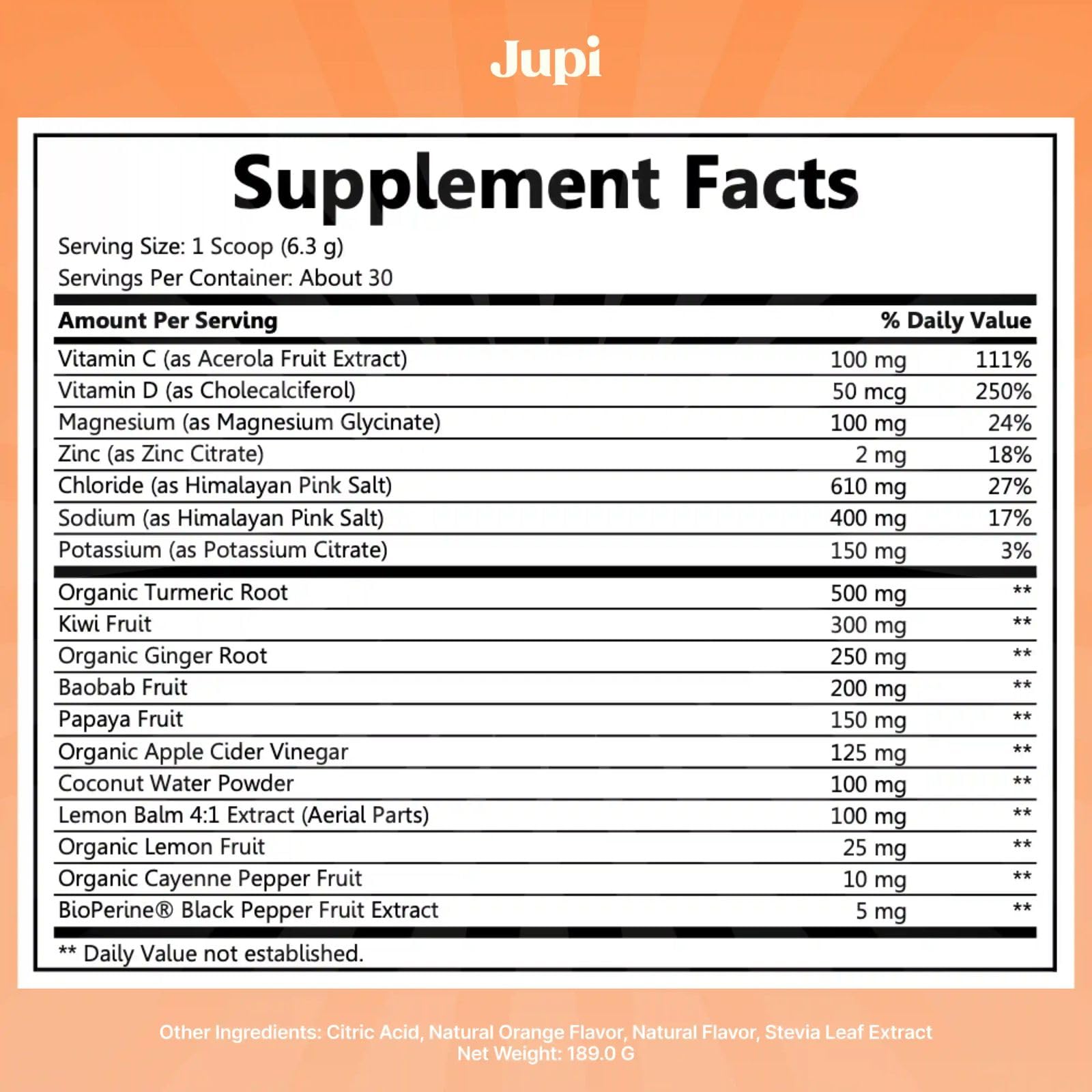 Jupi Hydration & Wellness turmeric-ginger ingredients image for natural digestion support.