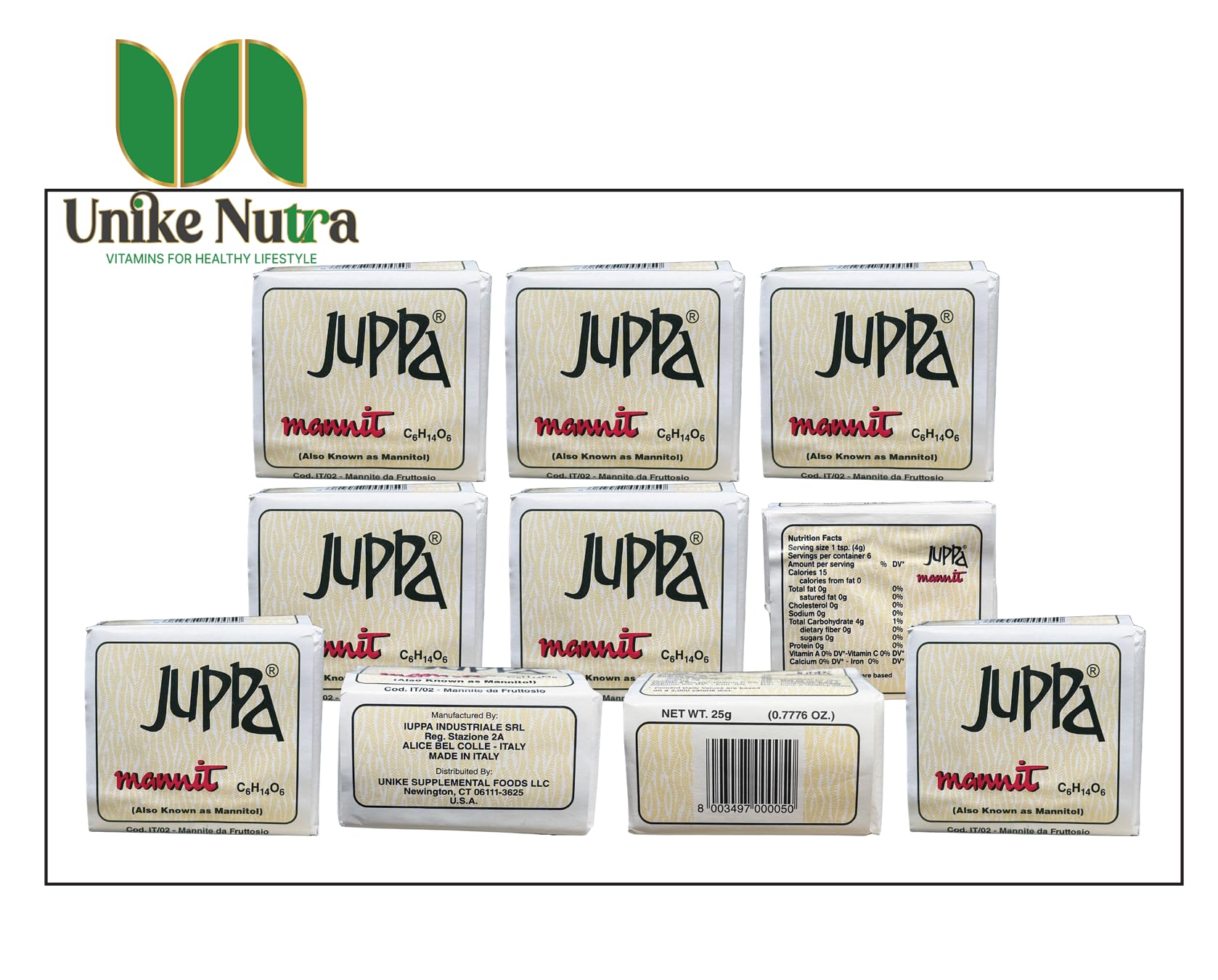 JUPPA Original Mannite Bars wrapper close-up highlighting premium Italian ingredients