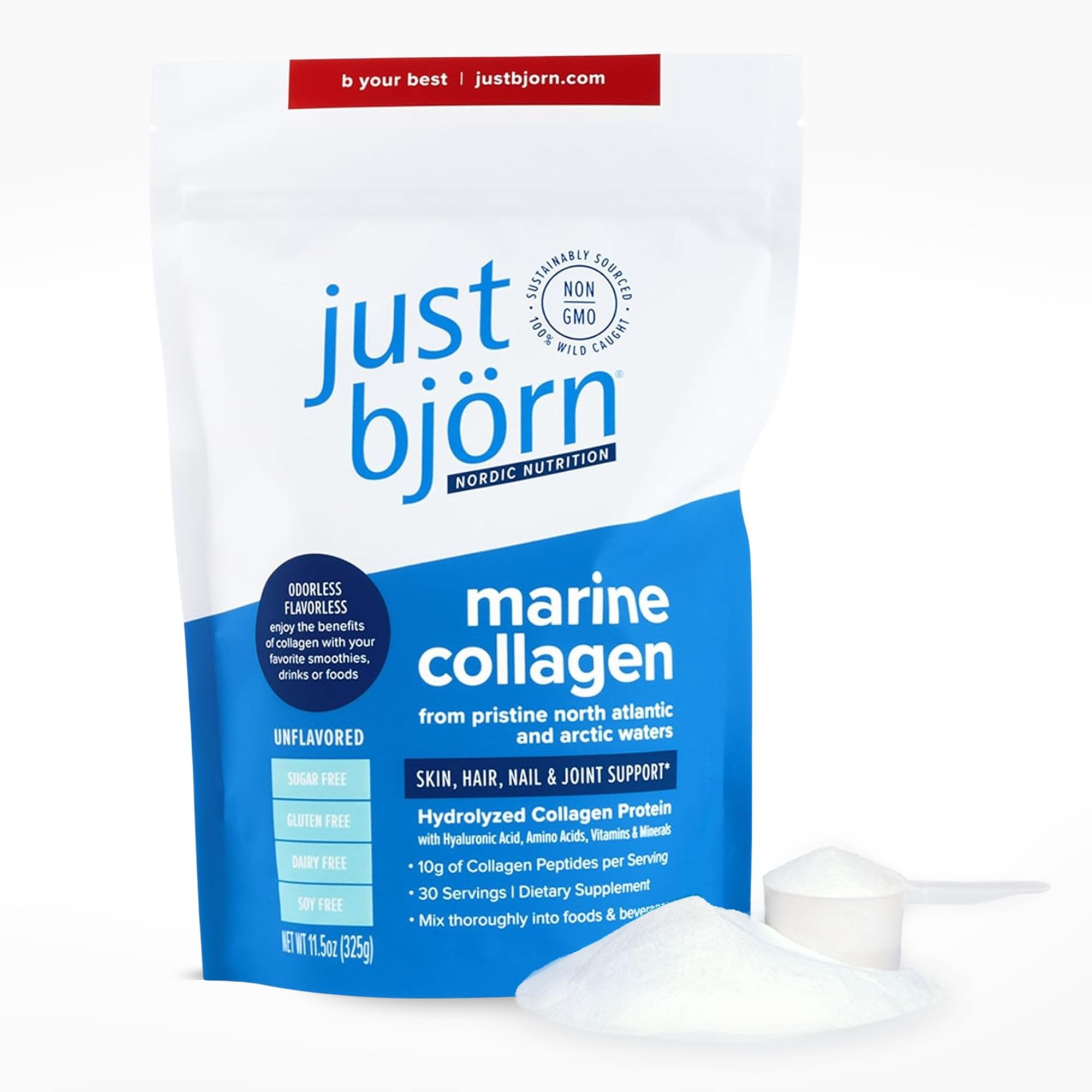 Just Björn Marine Collagen powder tub front, unflavored for daily wellness.