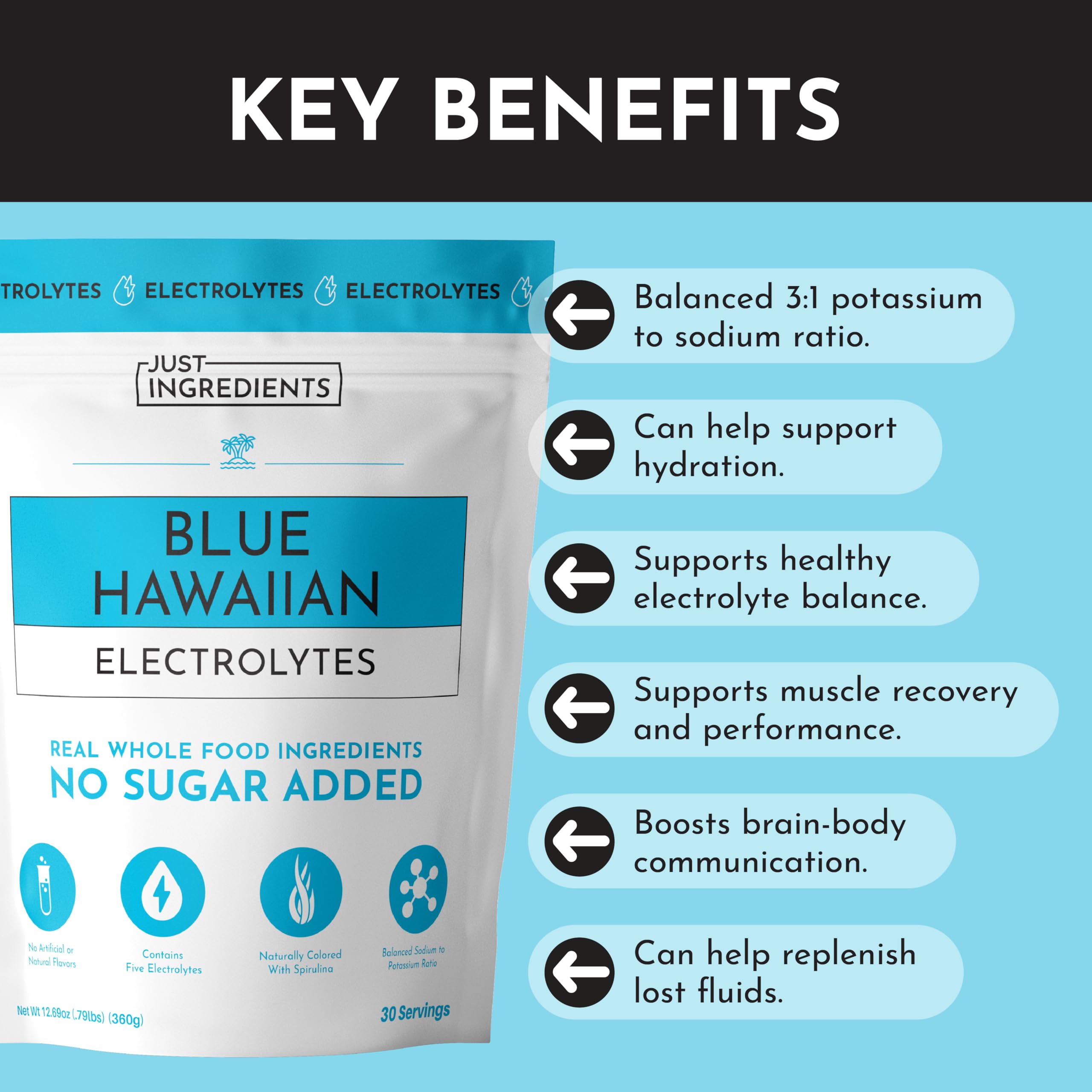 JUST INGREDIENTS 30-serving package portrait communicates value and long-term hydration planning.