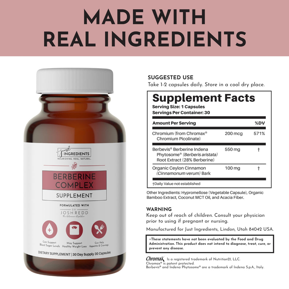 JUST INGREDIENTS Berberine capsules closeup highlighting easy-to-swallow forms