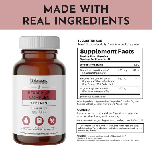 JUST INGREDIENTS Berberine capsules closeup highlighting easy-to-swallow forms