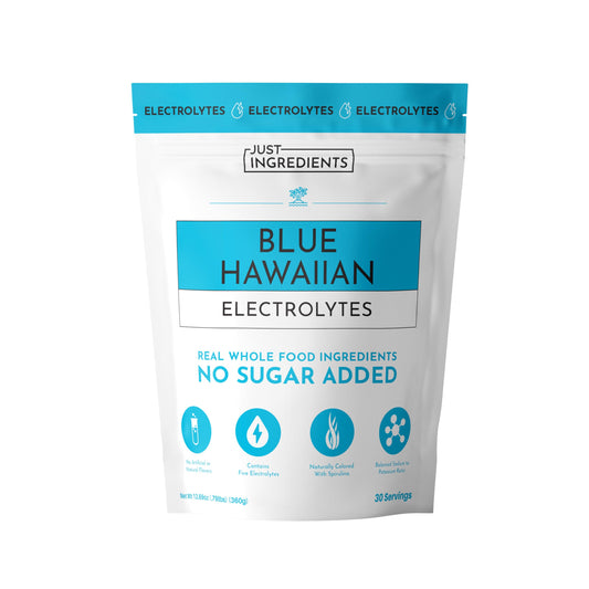 JUST INGREDIENTS Blue Hawaiian electrolytes bottle front for refreshing hydration on the go.