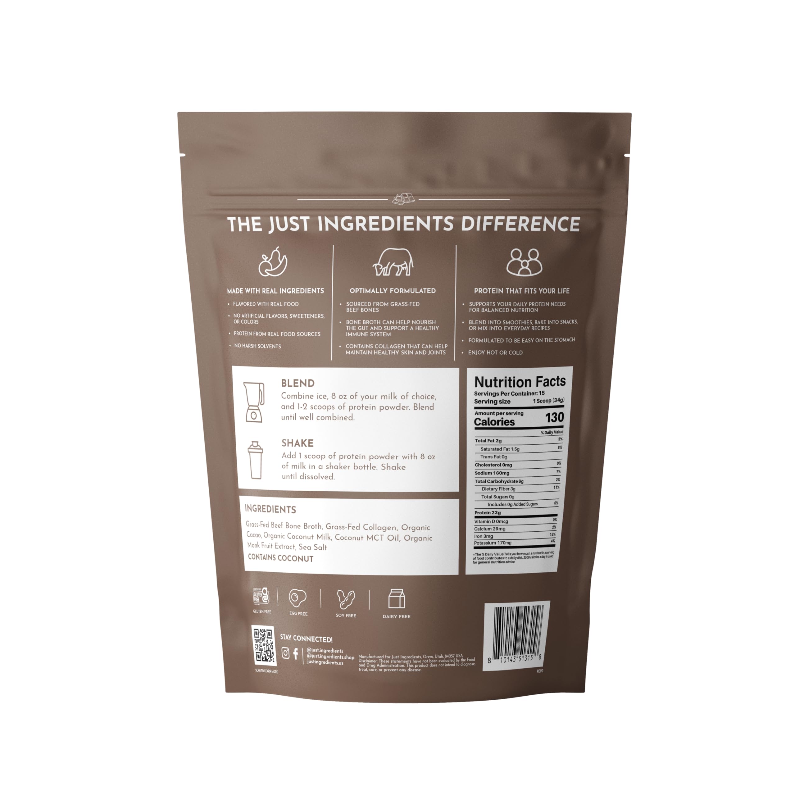 Just Ingredients Bone Broth Protein Chocolate scoop measuring powder for post-workout fuel
