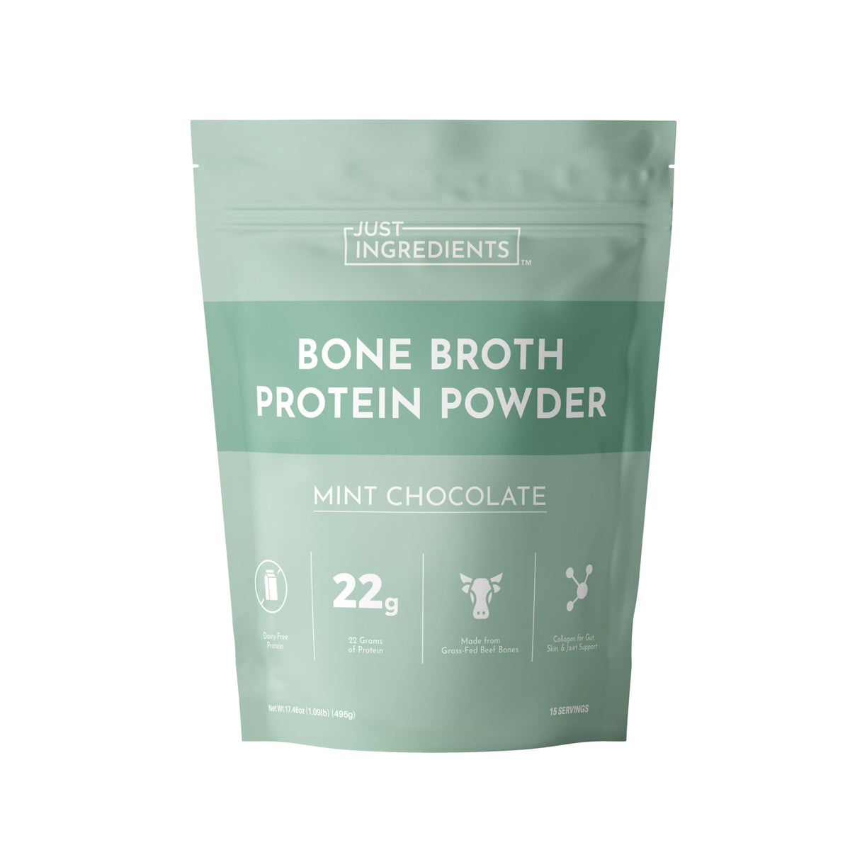 Just Ingredients bone broth protein mint chocolate bottle highlighting dairy-free formula