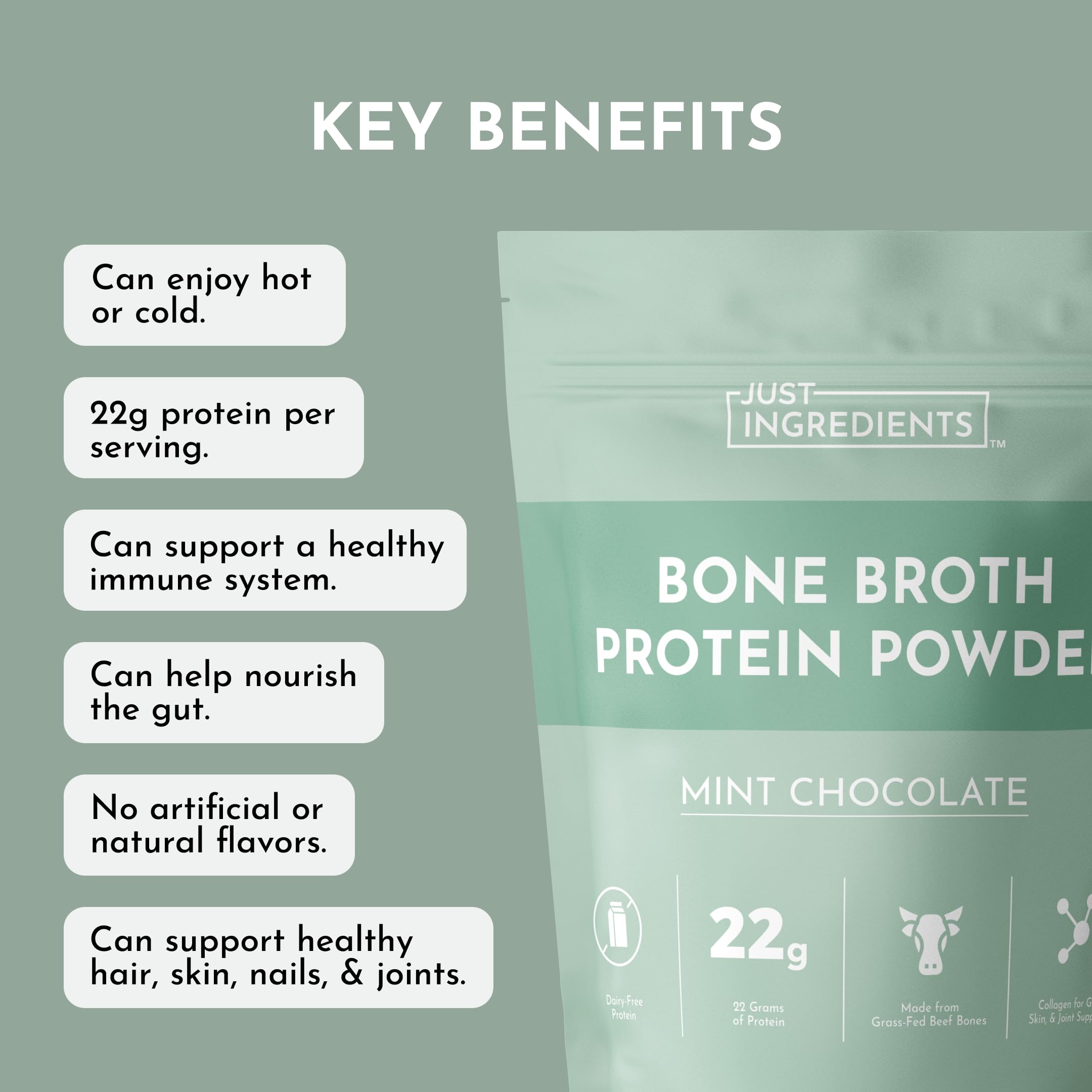 Just Ingredients mint chocolate tub highlights dairy-free, gut-friendly nutrition