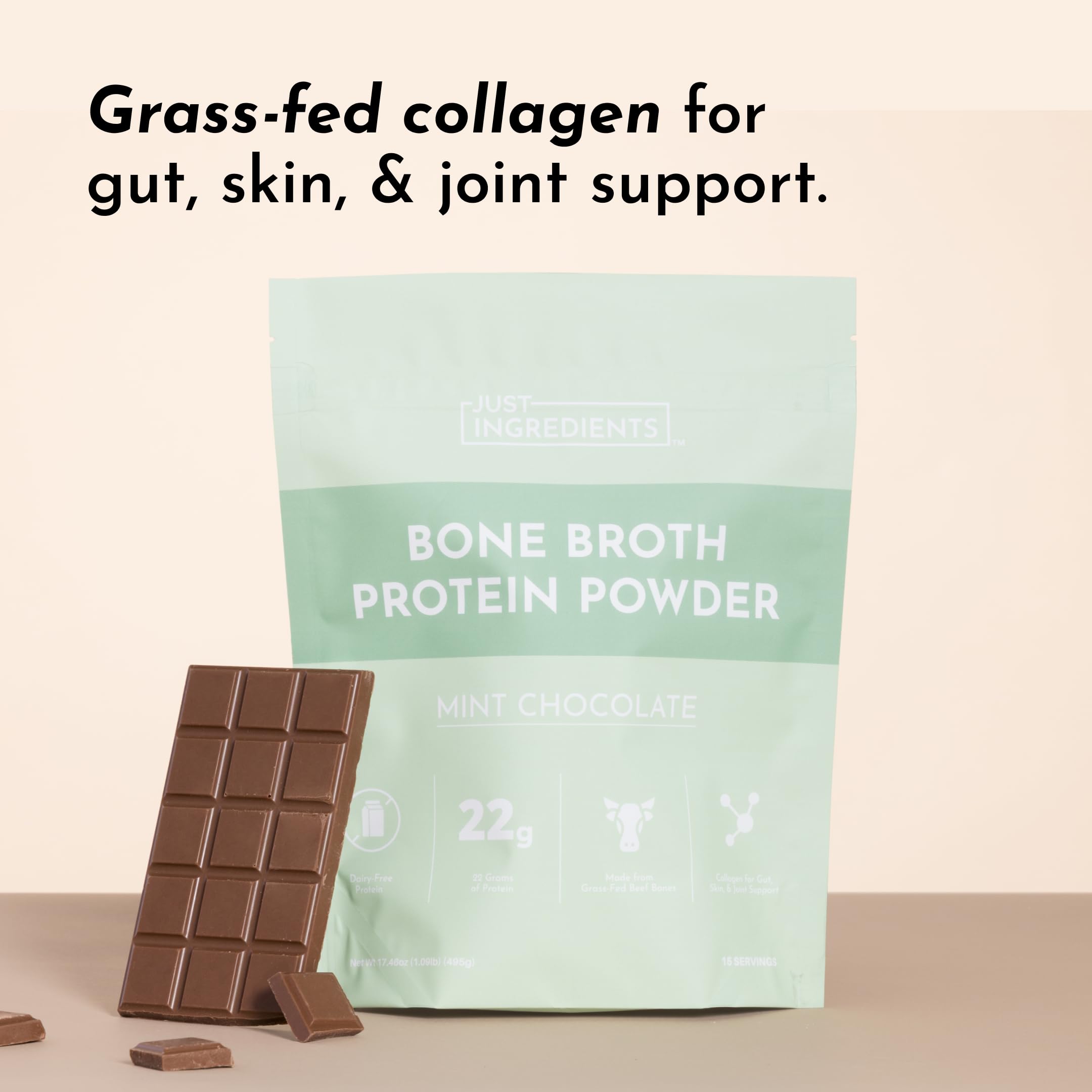 Just Ingredients bone broth protein mint chocolate glass showcases rich flavor