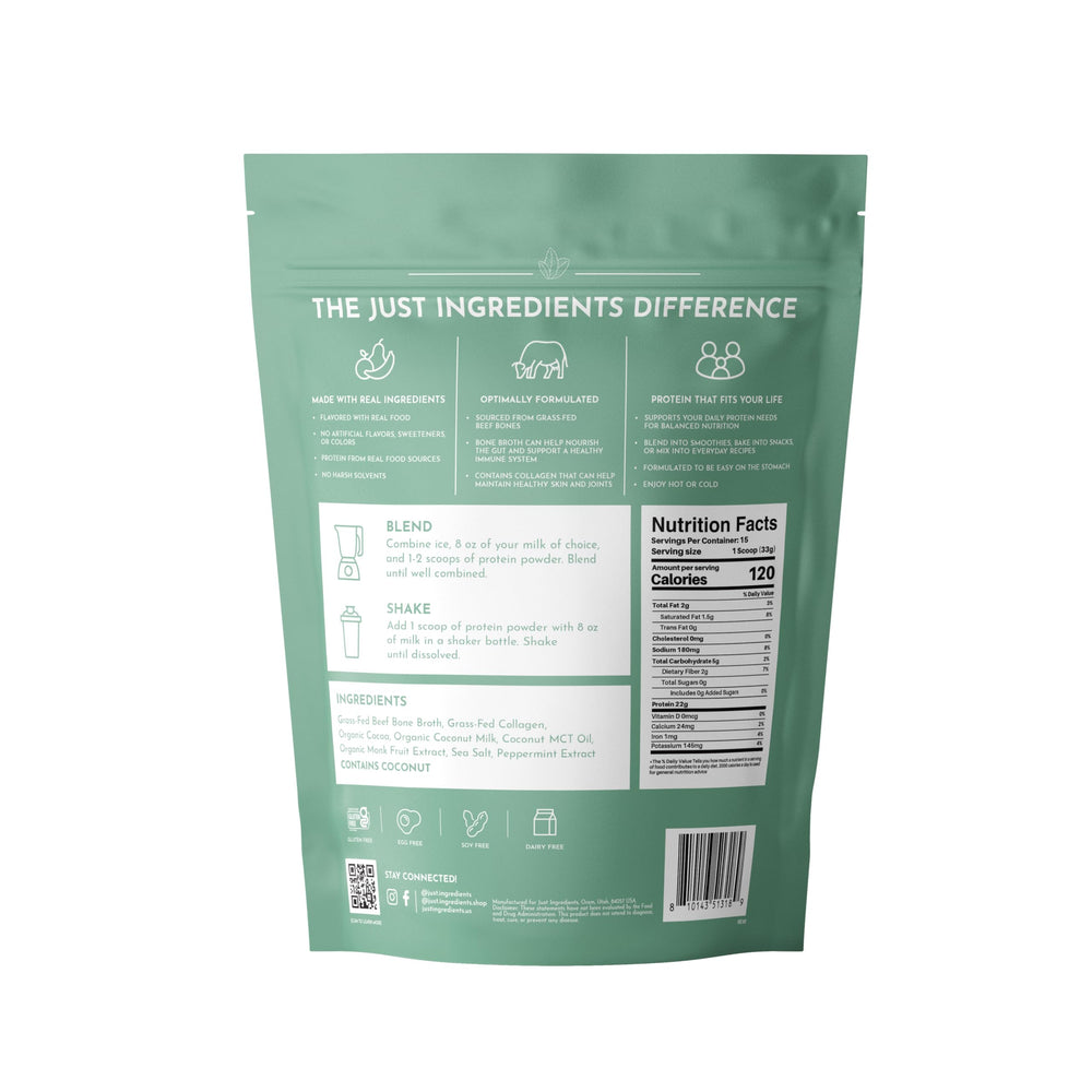 Just Ingredients bone broth protein mint chocolate scoop shows 21g protein per serving