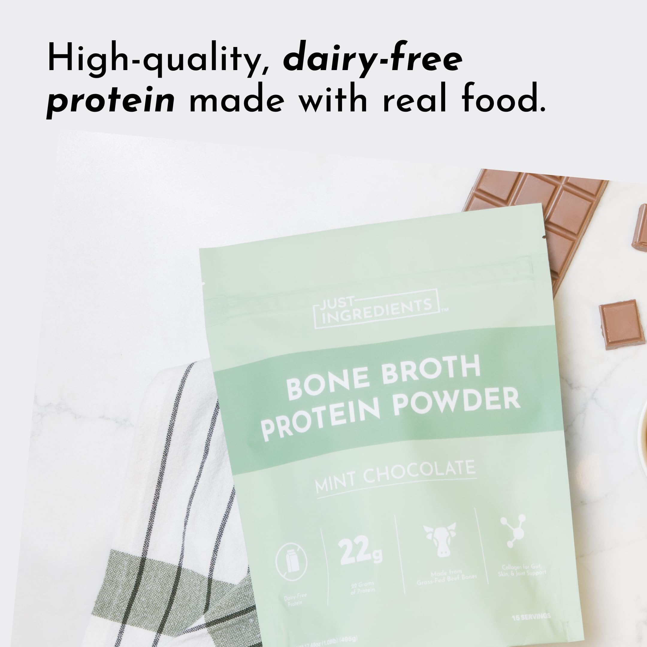 Just Ingredients bone broth protein mint chocolate shake ready to mix after workouts