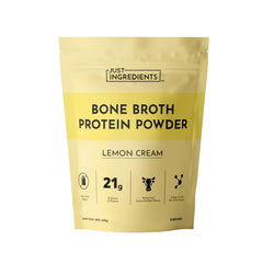 JUST INGREDIENTS bone broth protein powder lemon cream shows real lemon flavor for daily protein.