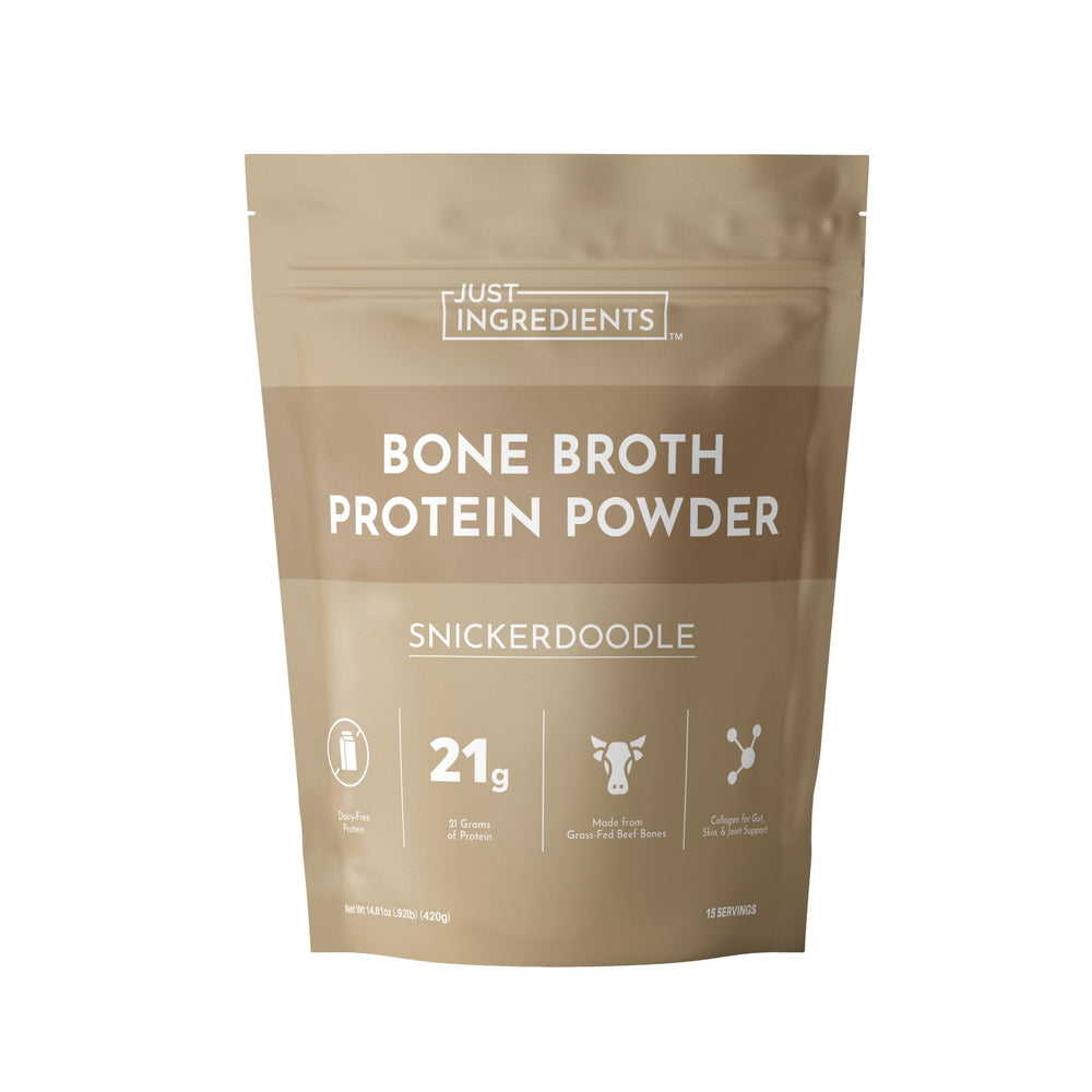 JUST INGREDIENTS bone broth protein snickerdoodle bottle showcases dairy-free protein for daily nourishment
