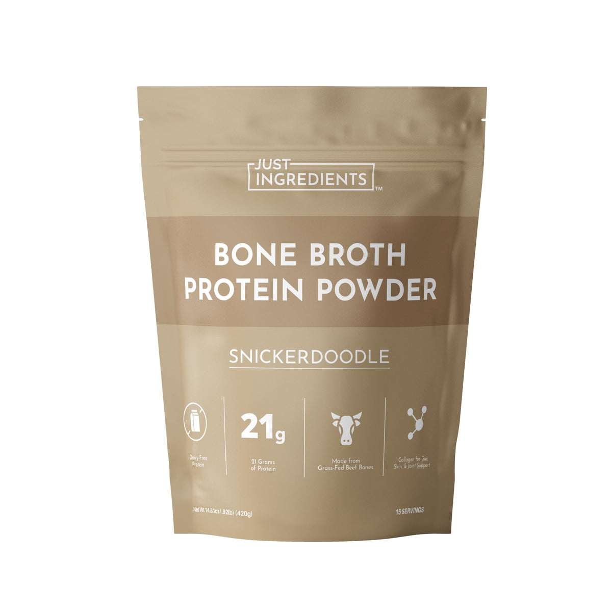 JUST INGREDIENTS bone broth protein snickerdoodle bottle showcases dairy-free protein for daily nourishment