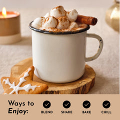 JUST INGREDIENTS cup measuring scoop with glass of shake conveys digestion-friendly nutrition