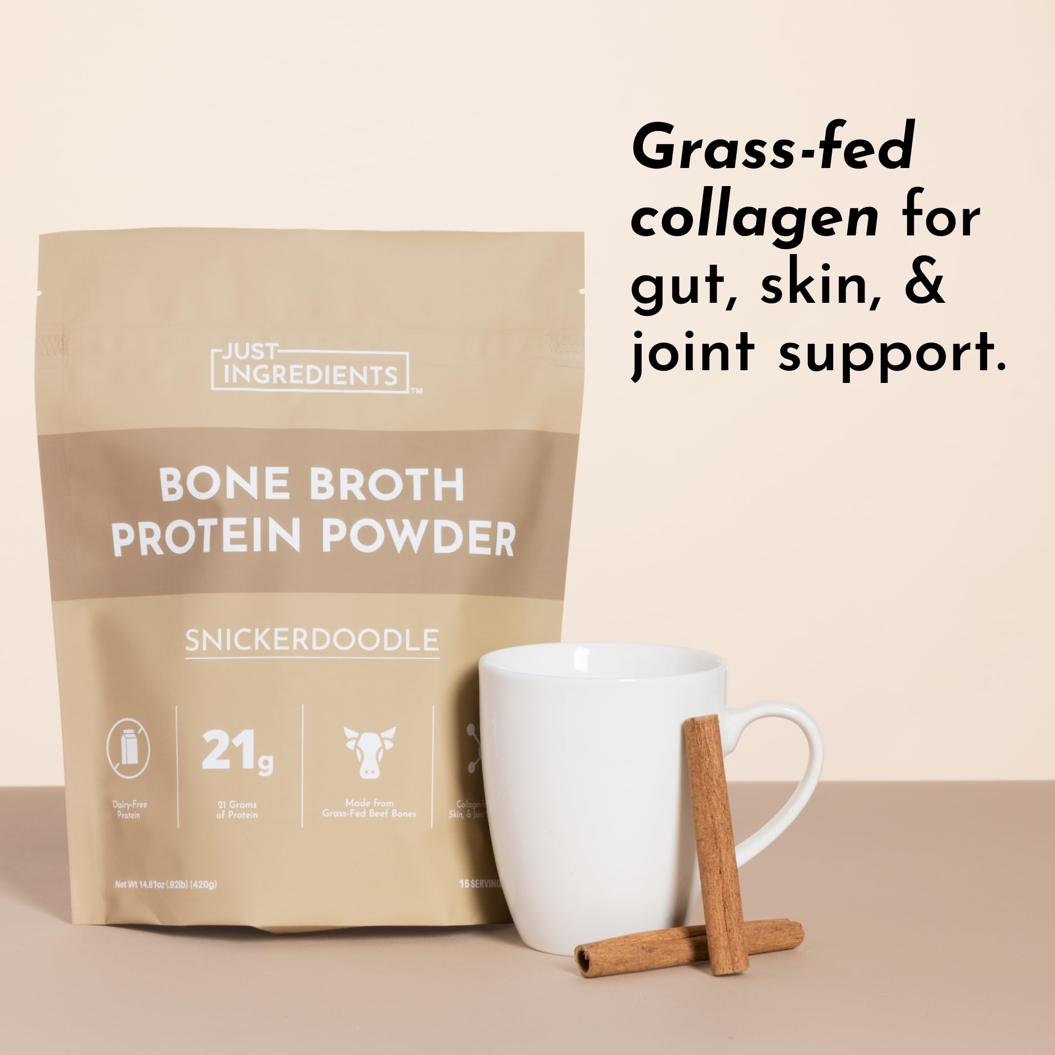JUST INGREDIENTS bottle of snickerdoodle powder with mixed beverage shows hot or cold versatility