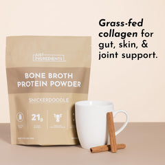 JUST INGREDIENTS bottle of snickerdoodle powder with mixed beverage shows hot or cold versatility
