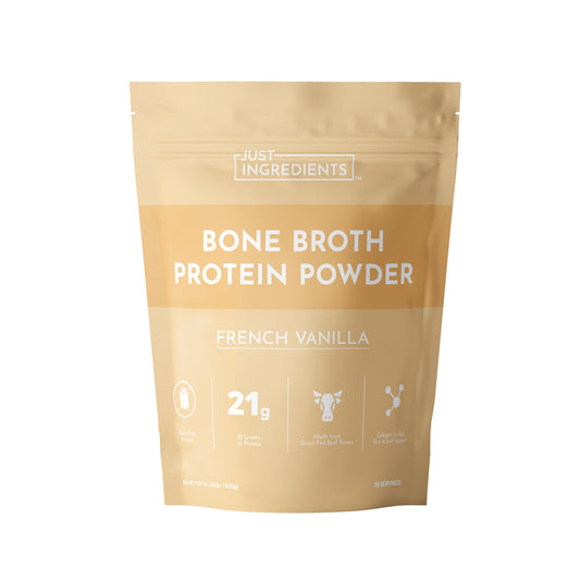 JUST INGREDIENTS bone broth protein powder vanilla tub front showcasing real-food ingredients