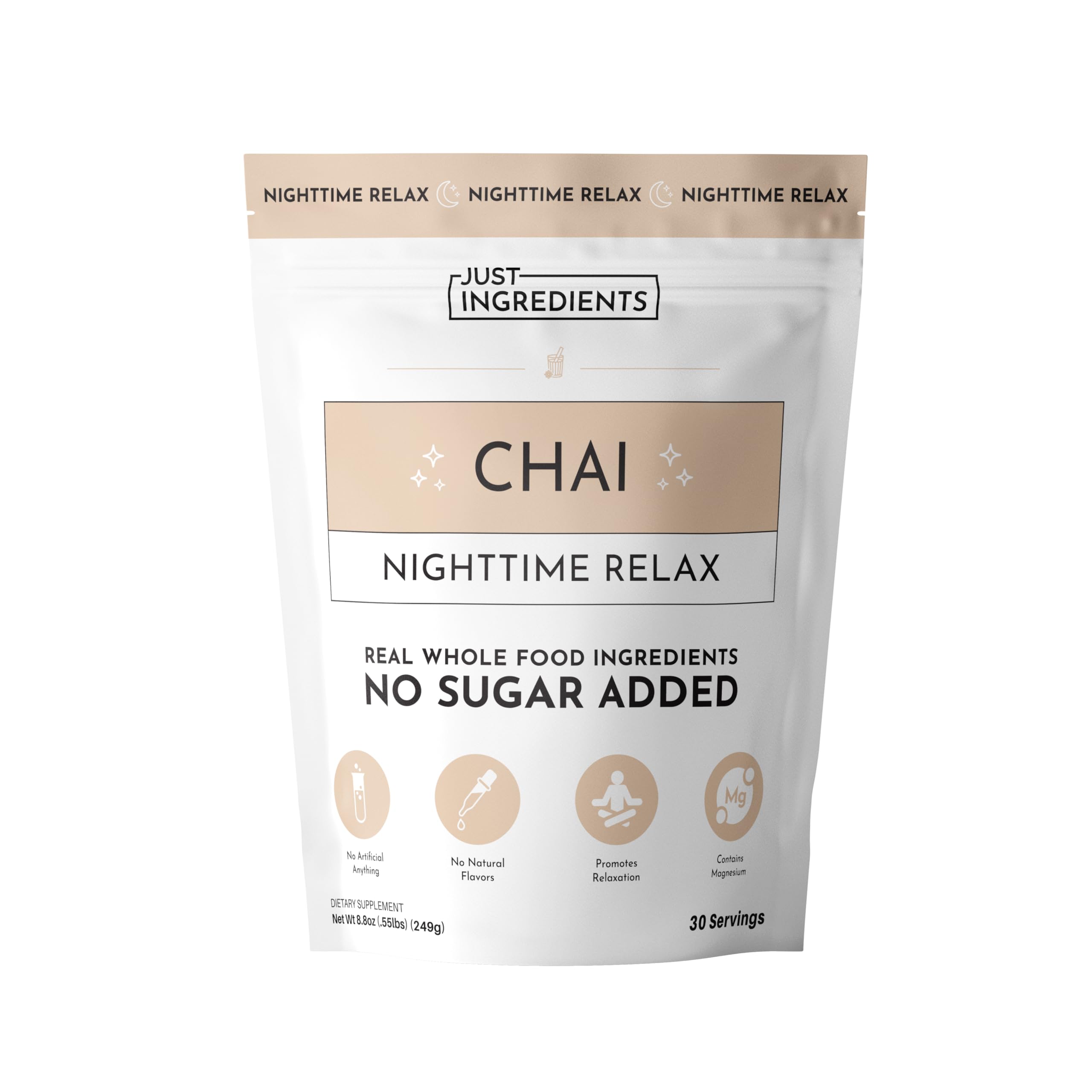 JUST INGREDIENTS Chai Nighttime Relax Drink Mix front packaging for a calming evening routine