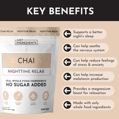 JUST INGREDIENTS Chai Nighttime Relax Drink Mix ingredients panel with magnesium and L-theanine
