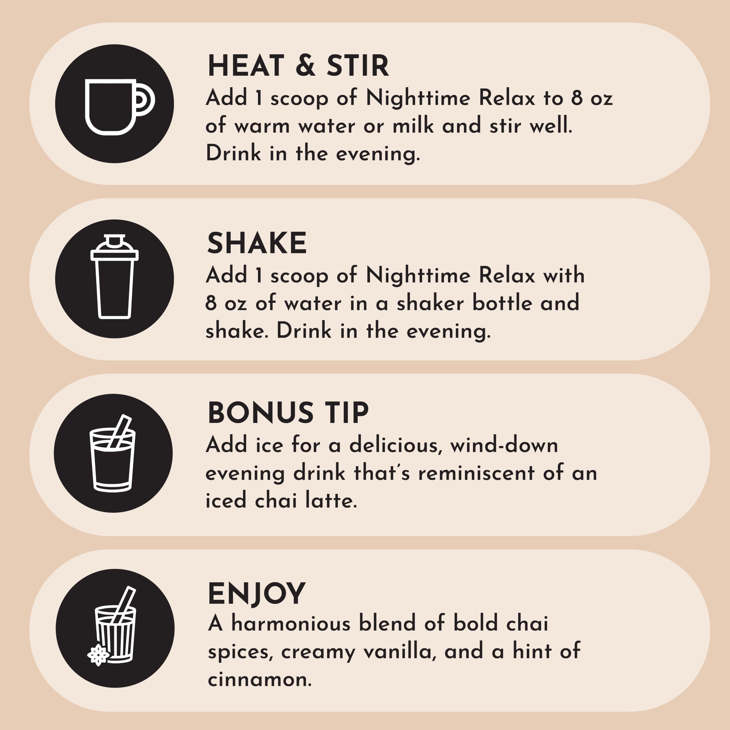 JUST INGREDIENTS Chai Nighttime Relax Drink Mix label close-up showing no sugar added
