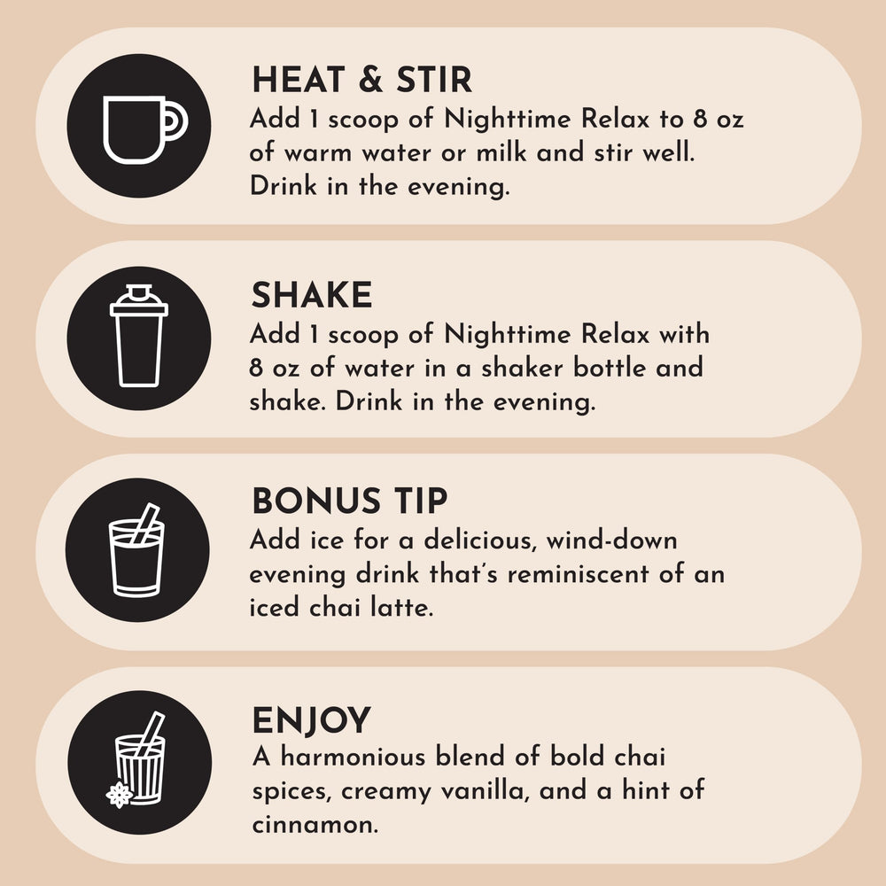 JUST INGREDIENTS Chai Nighttime Relax Drink Mix label close-up showing no sugar added