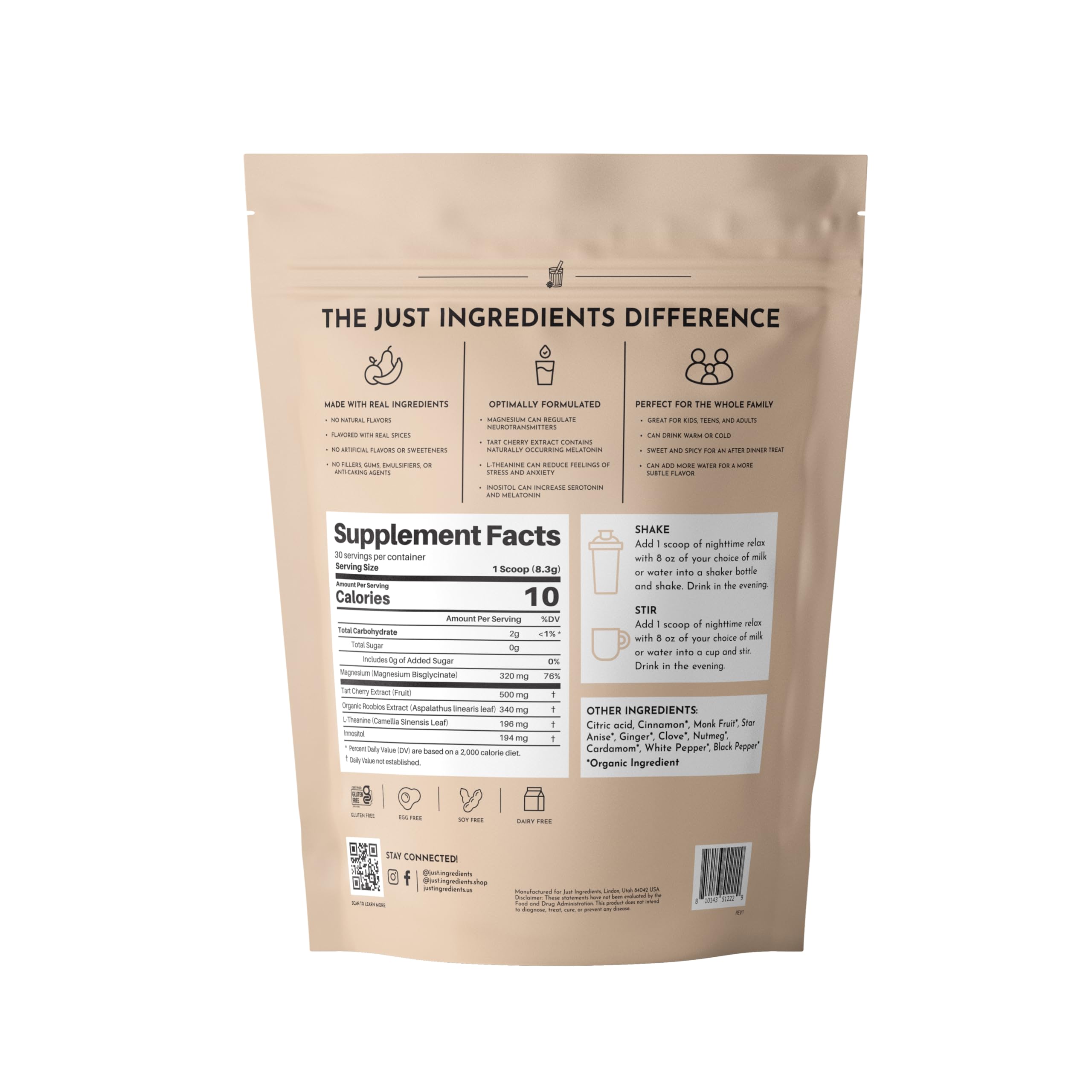 JUST INGREDIENTS Chai Nighttime Relax Drink Mix scoop beside the powder ready to mix