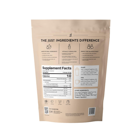 JUST INGREDIENTS Chai Nighttime Relax Drink Mix scoop beside the powder ready to mix