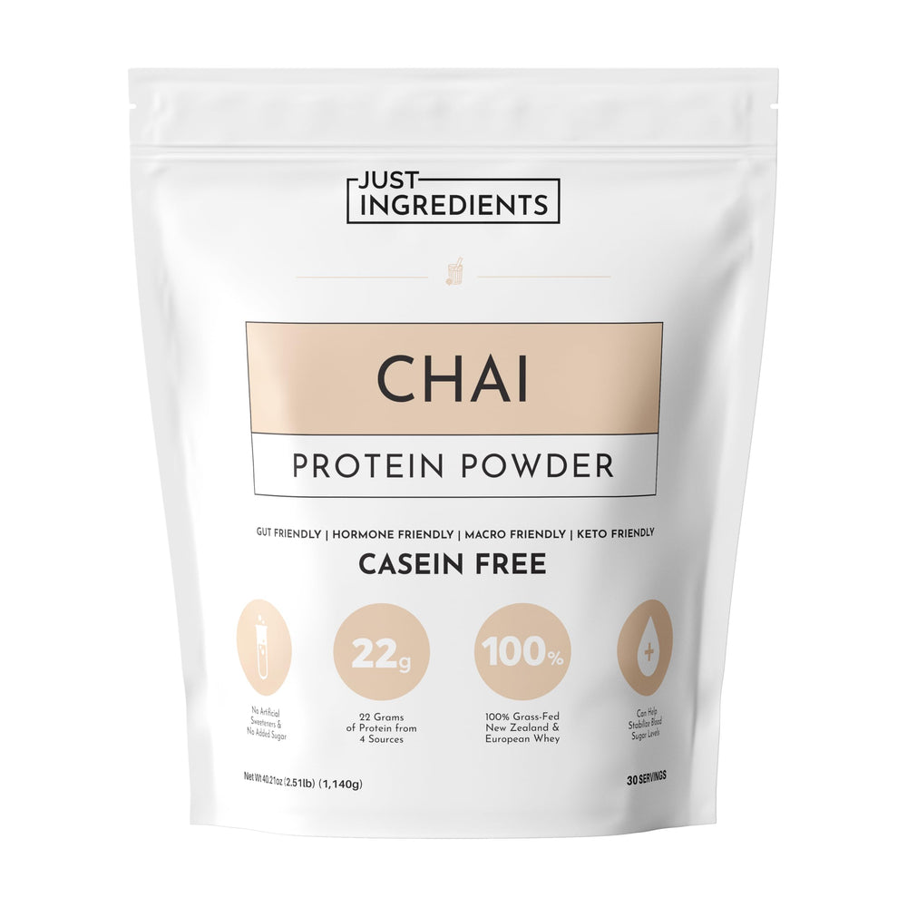 JUST INGREDIENTS Chai Protein Powder bottle showing premium blend for steady energy